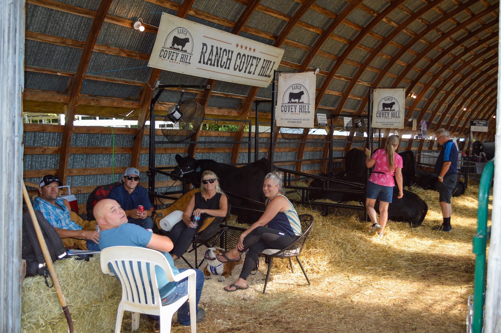 Neighbours gathered on hay bales inside the cattle barn